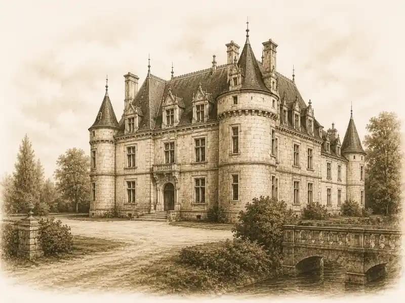 Vue aérienne d’un château historique privé avec jardins et plans d’eau