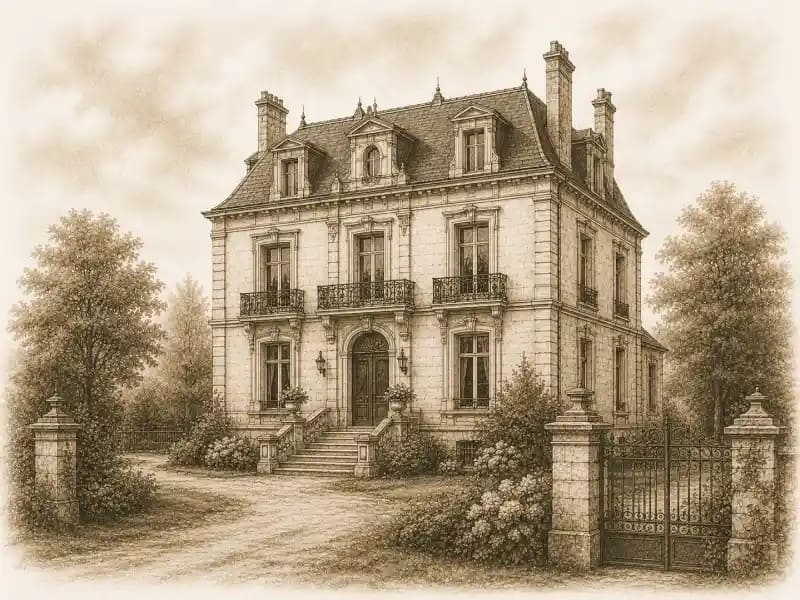 Vue aérienne d’une maison bourgeoise historique avec cour et dépendances