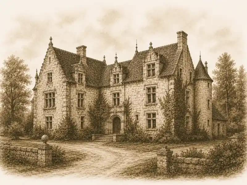 Vue aérienne d’un manoir ancien entouré d’arbres