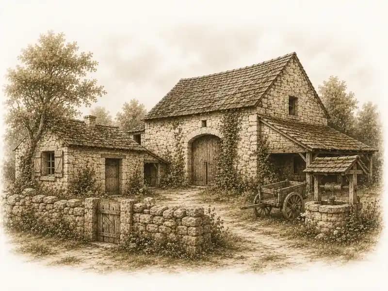 Vue aérienne d’un bâtiment rural ancien