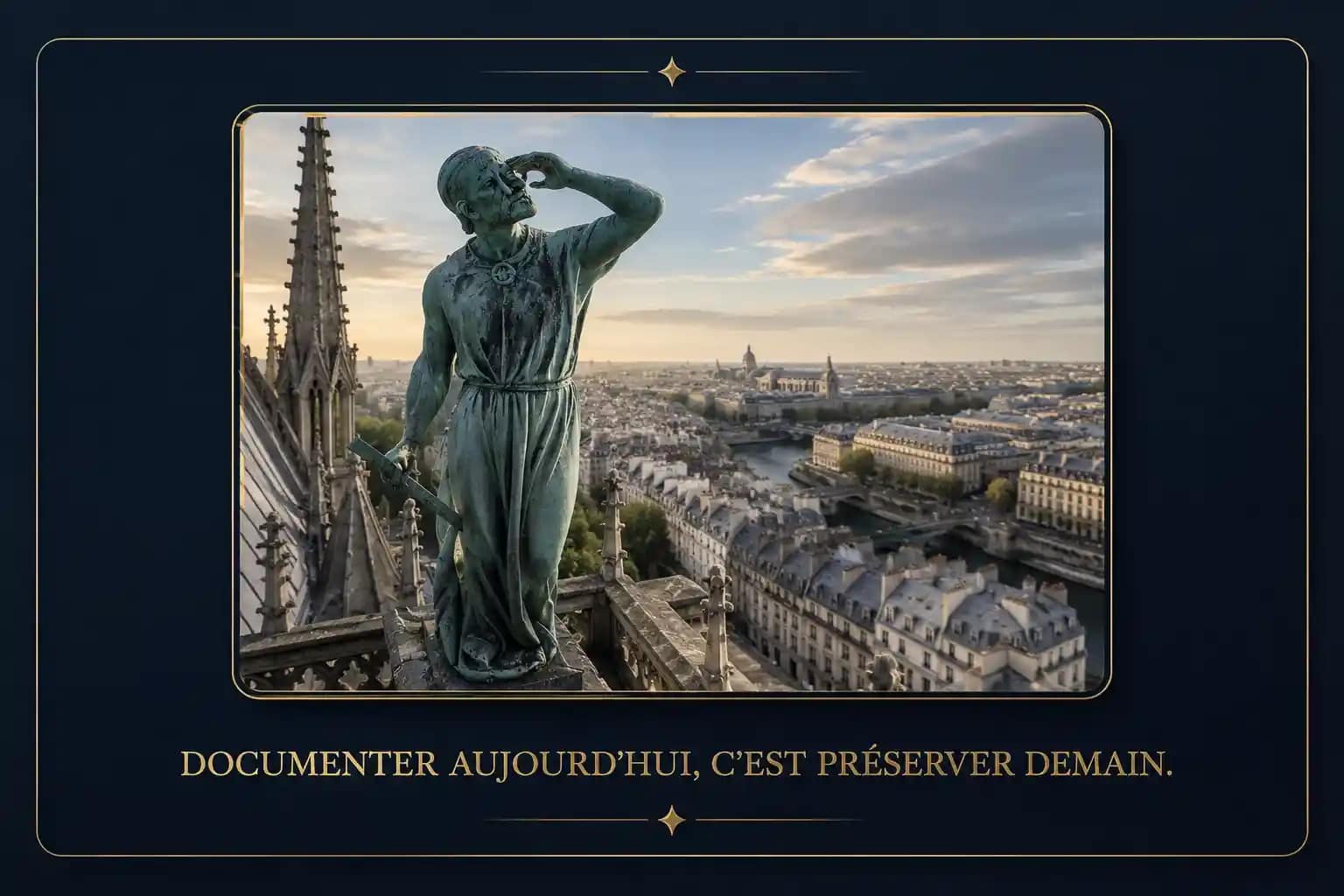 Statue de Viollet-le-Duc contemplant Paris depuis Notre-Dame