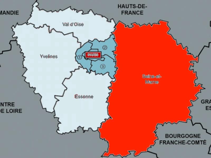 Carte des départements d’Île-de-France avec la Seine-et-Marne comme zone principale d’intervention pour les prises de vues aériennes par drone
