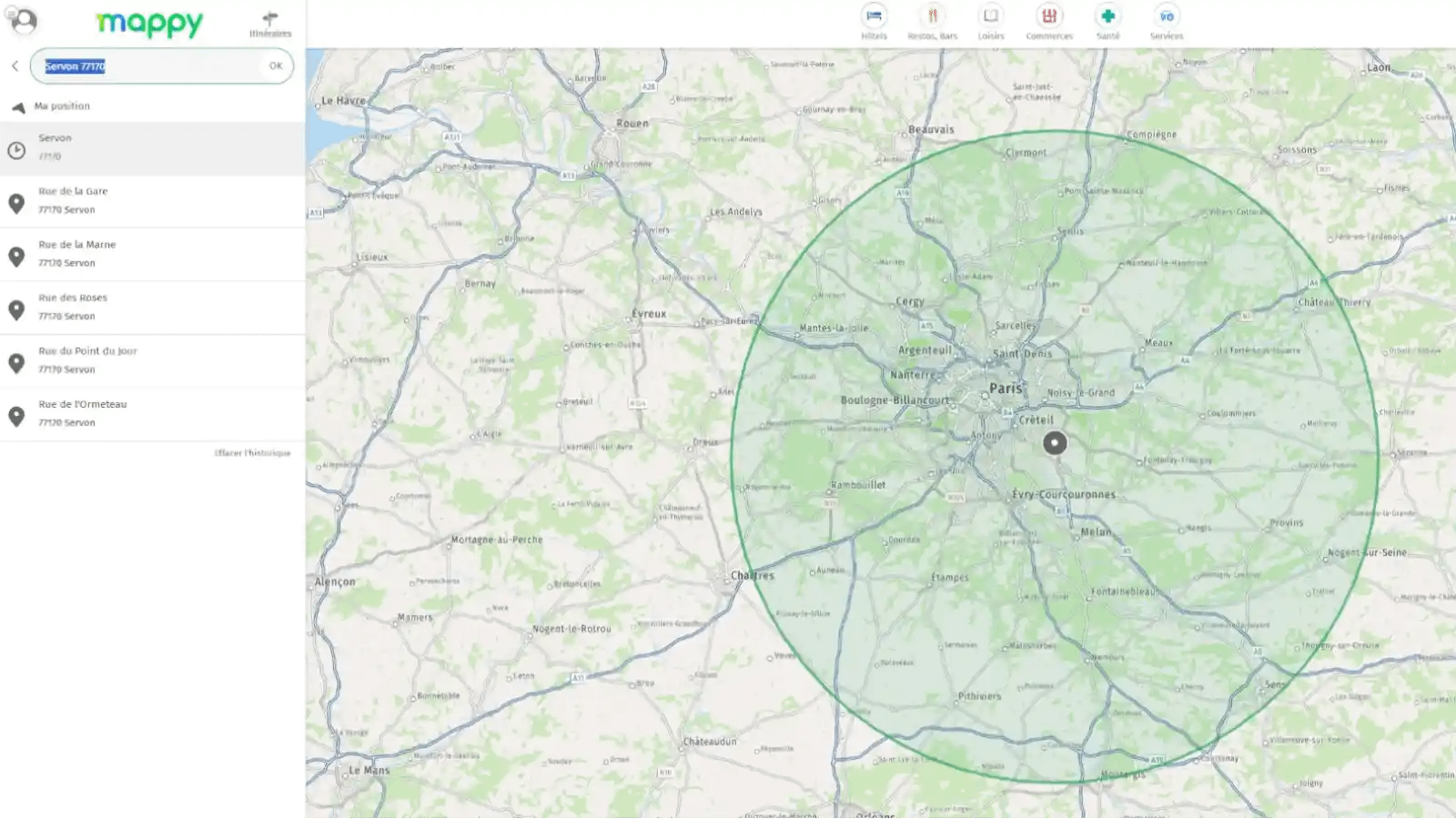 Carte illustrant une zone d’intervention possible jusqu’à environ 60 kilomètres autour de Paris pour certaines prestations