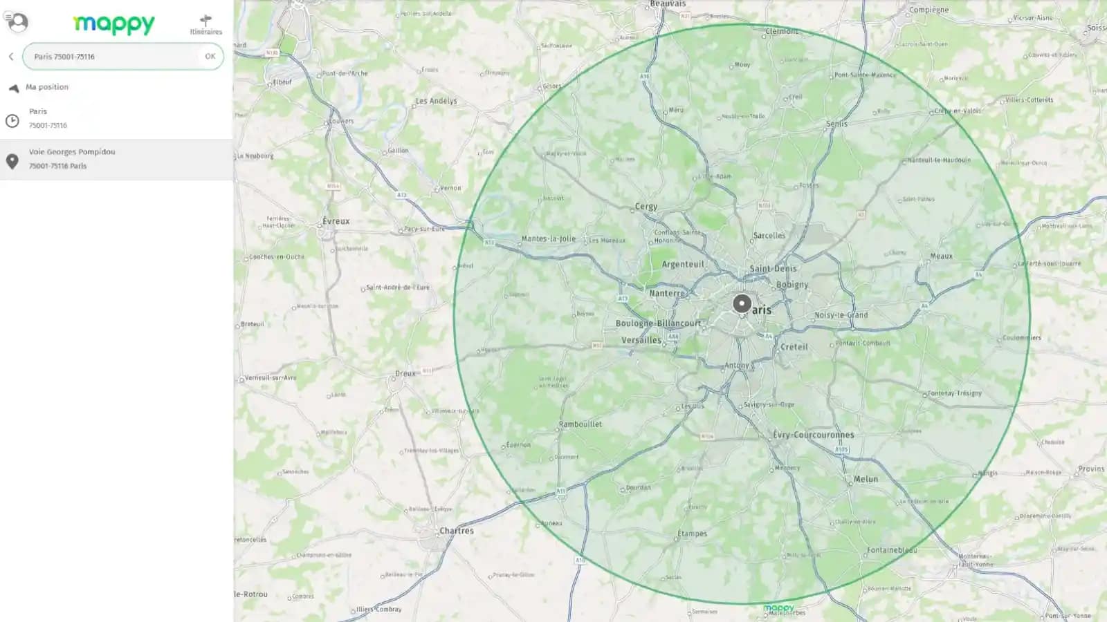 Carte illustrant une zone d’intervention possible jusqu’à environ 60 kilomètres autour de Paris pour certaines prestations
